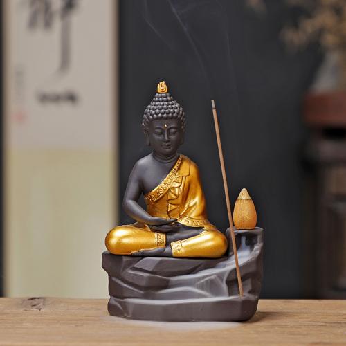 Incense Smoke Flow Backflow Holder Ceramic Incense Burner, Purple Clay, Buddha, handmade, for home and office & durable & multifunctional 