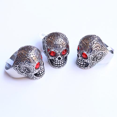 Rhinestone Stainless Steel Finger Ring, 304 Stainless Steel, Skull, fashion jewelry & for man & with rhinestone, original color 