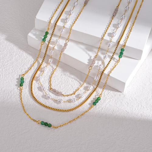 Mode-Multi-Layer-Halskette, 304 Edelstahl, mit Kunststoff Perlen, goldfarben plattiert, Modeschmuck & verschiedene Stile für Wahl & für Frau, verkauft von PC