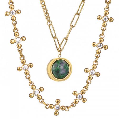 Titanium Steel Jewelry Necklace, with Emerald, gold color plated, fashion jewelry & for woman 