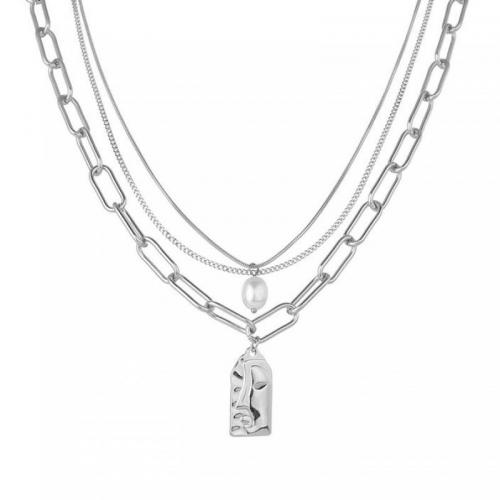 Multi слой ожерелье, Нержавеющая сталь 304, с Пластиковая жемчужина, полированный, три слоя & ювелирные изделия моды & Женский, оригинальный цвет, длина:Приблизительно 41-50 см, продается PC
