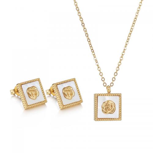 Fashion Stainless Steel Jewelry Sets, 304 Stainless Steel, Stud Earring & sweater chain necklace, with Shell, Square, fashion jewelry & for woman, gold, Necklace circumference :40+5cm, pendant : ; Stud earrings :1cm. 