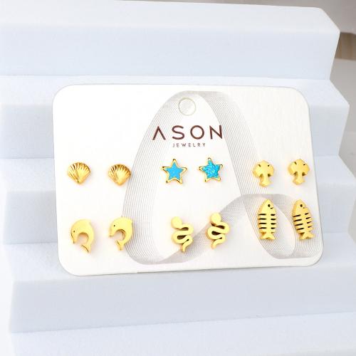Stainless Steel Rhinestone Stud Earring, 304 Stainless Steel, with enamel, gold color plated, 6 pieces & for woman & with rhinestone 