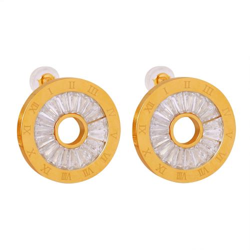 Titanium Steel Earrings, Round, 18K gold plated, fashion jewelry & micro pave cubic zirconia & for woman & hollow 