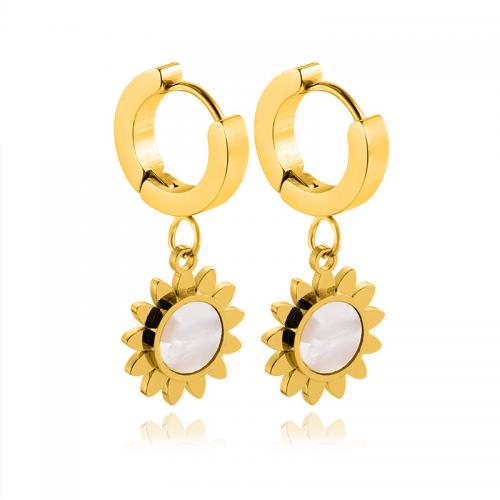 Huggie Hoop Drop Earring, 304 Stainless Steel, with White Agate, Flower, gold color plated, fashion jewelry & for woman 