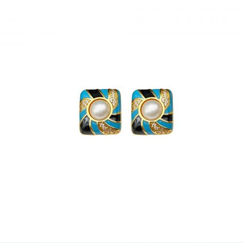 Cubic Zirconia Micro Pave Brass Earring, with Freshwater Pearl, plated, micro pave cubic zirconia & for woman & enamel, gold 