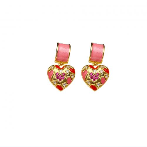 Cubic Zirconia Micro Pave Brass Earring, Heart, plated, micro pave cubic zirconia & for woman & enamel, gold 