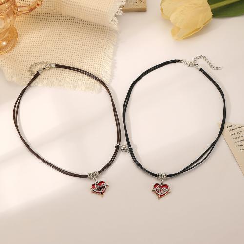 Couple Zinc Alloy Necklace, with leather cord, with 5cm extender chain, Heart, 2 pieces & Double Layer & Unisex Approx 44 cm 
