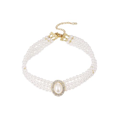 Plastik-Perlenkette, Kunststoff Perlen, mit Zinklegierung, mit Verlängerungskettchen von 9cm, drei Schichten & für Frau & mit Strass, 25x20mm, Länge:ca. 34 cm, verkauft von Strang