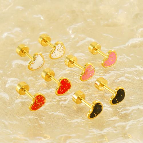 Stainless Steel Stud Earring, 304 Stainless Steel, Heart, 18K gold plated, fashion jewelry & for woman & enamel 7mm 