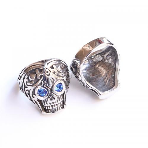 Нержавеющая сталь Rhinestone палец кольцо, Нержавеющая сталь 304, Череп, полированный, ювелирные изделия моды & разный размер для выбора & Мужский & со стразами, оригинальный цвет продается PC
