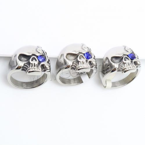 Нержавеющая сталь Rhinestone палец кольцо, Нержавеющая сталь 304, Череп, полированный, ювелирные изделия моды & Мужская & разный размер для выбора & со стразами, оригинальный цвет продается PC