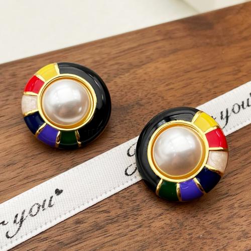 Freshwater Pearl Brass Earring, with Freshwater Pearl, plated, for woman & enamel, gold 
