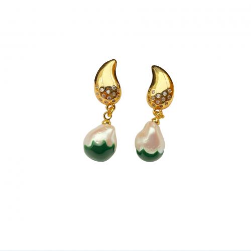 Cubic Zirconia Micro Pave Brass Earring, with Glass Pearl, plated, micro pave cubic zirconia & for woman & enamel, golden 