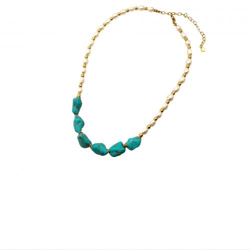 Brass Jewelry Necklace, with turquoise & Freshwater Pearl, with 8CM extender chain, handmade, for woman, golden Approx 42 cm 