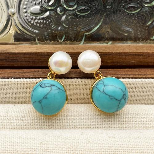 Freshwater Pearl Brass Earring, with turquoise & Freshwater Pearl, plated, for woman, golden 