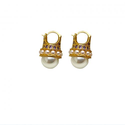 Cubic Zirconia Micro Pave Brass Earring, with Freshwater Pearl, plated, micro pave cubic zirconia & for woman, golden 