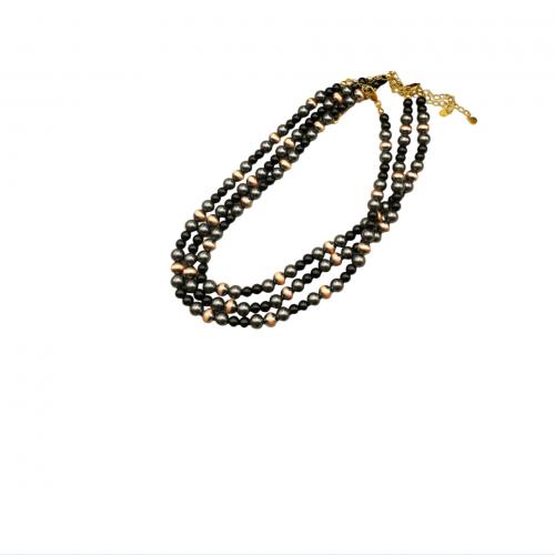 Ожерелье ручной латунные, Латунь, с Стеклянный & Пластиковая жемчужина, с 7CM наполнитель цепи, Связанный вручную, Женский, черный, длина:Приблизительно 38 см, продается PC