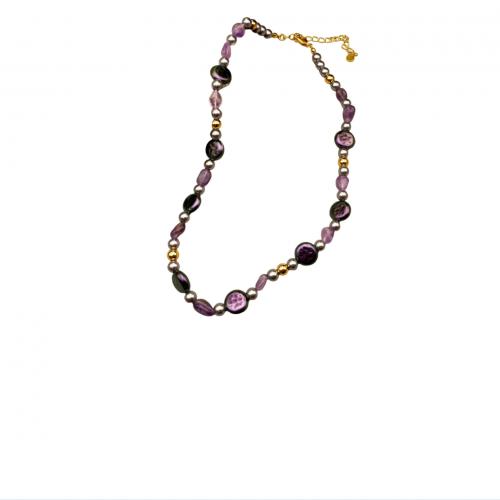 Handgemachte Messinghalskette, Messing, mit Edelstein & Kunststoff Perlen, mit Verlängerungskettchen von 7CM, für Frau, violett, Länge:ca. 38 cm, verkauft von PC