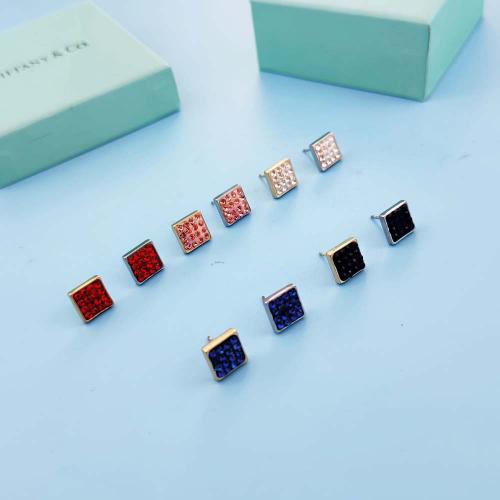 Titanium Steel Earrings,  Square, Vacuum Ion Plating, fashion jewelry & for woman & with rhinestone nickel, lead & cadmium free, 10mm 