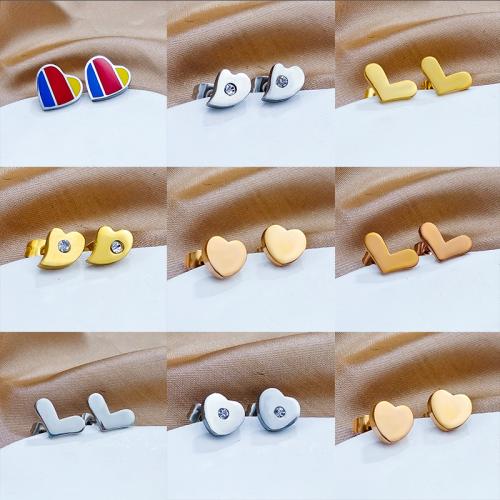 Titanium Steel Earrings, Heart, Vacuum Ion Plating, fashion jewelry & for woman & enamel & with rhinestone nickel, lead & cadmium free, 10mm 