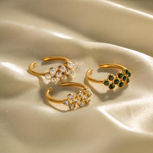 Strass Edelstahl Fingerring, 304 Edelstahl, mit Kunststoff Perlen, 18K vergoldet, Modeschmuck & für Frau & mit Strass, goldfarben, verkauft von PC