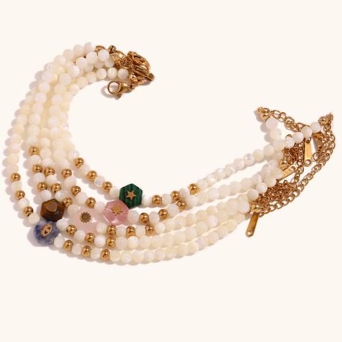 Stainless Steel Charm Bracelet, 316L Stainless Steel, with Shell Pearl & Gemstone, with 5cm extender chain, 18K gold plated, fashion jewelry & for woman, golden Approx 17 cm 