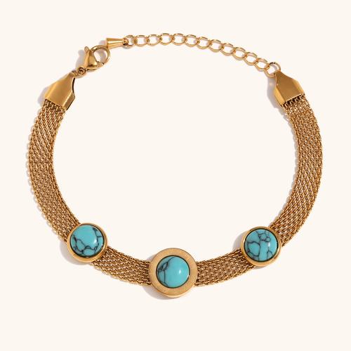 Stainless Steel Charm Bracelet, 316L Stainless Steel, with turquoise, with 5cm extender chain, 18K gold plated, fashion jewelry & for woman, golden Approx 16 cm 