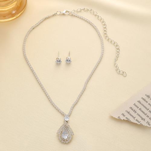 Cubic Zirconia Micro Pave Brass Jewelry Sets, earring & necklace, with 13cm extender chain, plated, 2 pieces & micro pave cubic zirconia & for woman, earring 6*6mm,pendant 23*17mm Approx 34 cm 