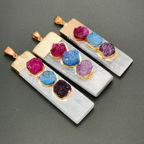 Natural Agate Druzy Pendant, Gypsum Stone, with Ice Quartz Agate & Brass, Rectangle, gold color plated, DIY, mixed colors, Length about 45-55mm,Width about 14-20mm 