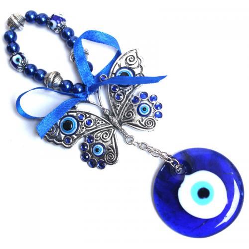 Hanging Ornaments, Zinc Alloy, with Lampwork, Butterfly, silver color plated, for home and office & evil eye pattern, Blue eyes diameter 5cm,Length 17cm 