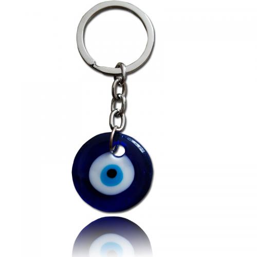 Böse Augen Murano Schlüsselanhänger, Zinklegierung, mit Lampwork, flache Runde, böser Blick- Muster & verschiedene Größen vorhanden, blau, verkauft von PC