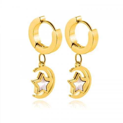 Huggie Hoop Drop Earring, 304 Stainless Steel, with White Shell, Moon and Star, Vacuum Ion Plating, fashion jewelry & for woman, gold 