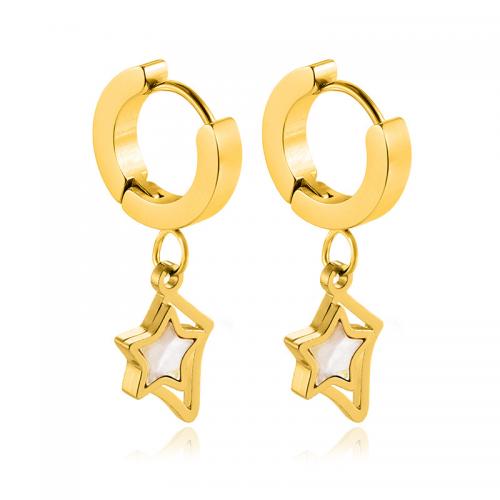 Huggie Hoop Drop Earring, 304 Stainless Steel, with Shell, Star, Vacuum Ion Plating, fashion jewelry & for woman, gold 