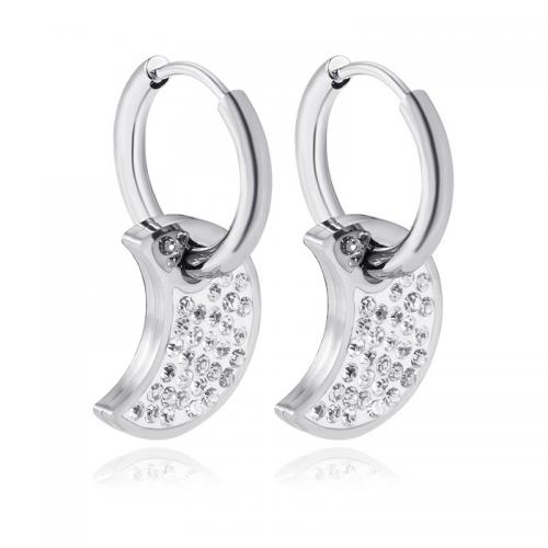 Huggie Hoop Drop Earring, 304 Stainless Steel, Moon, Vacuum Ion Plating, fashion jewelry & for woman & with rhinestone, original color 