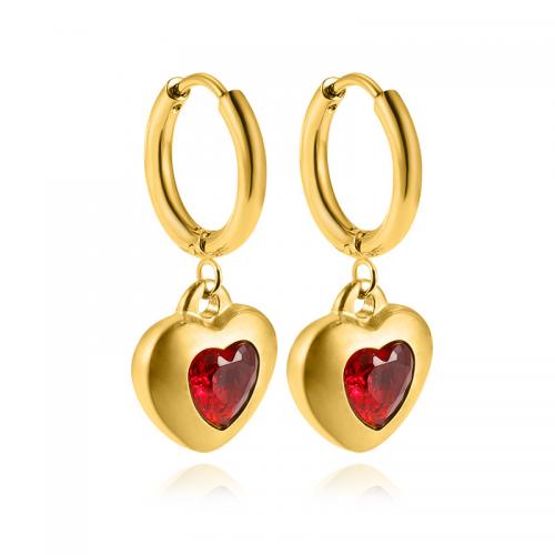 Huggie Hoop Drop Earring, Нержавеющая сталь 304, с рубин, Сердце, 18K позолоченный, ювелирные изделия моды & Женский продается Пара