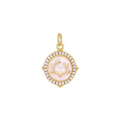 Cubic Zirconia Micro Pave Brass Pendant, with White Shell, plated, DIY & micro pave cubic zirconia & enamel, golden 