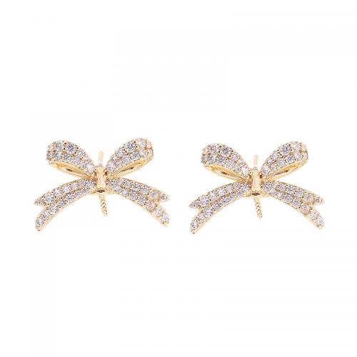 Brass Earring Stud Component, plated, DIY & micro pave cubic zirconia, golden [