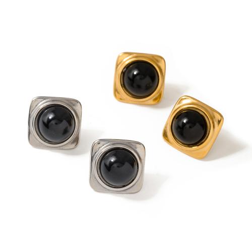 Stainless Steel Stud Earring, 304 Stainless Steel, with Black Agate, Vacuum Ion Plating, fashion jewelry & for woman 17.5mm 
