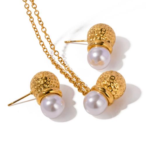 Fashion Stainless Steel Jewelry Sets, 304 Stainless Steel, with Shell Pearl, with 5.5cm extender chain, 18K gold plated, fashion jewelry & for woman, golden Approx 43.5 cm 