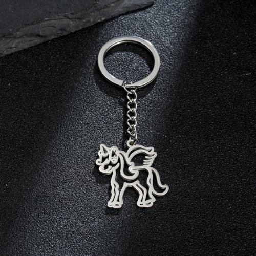 Stainless Steel Key Chain, 304 Stainless Steel, Unicorn, hollow, silver color 