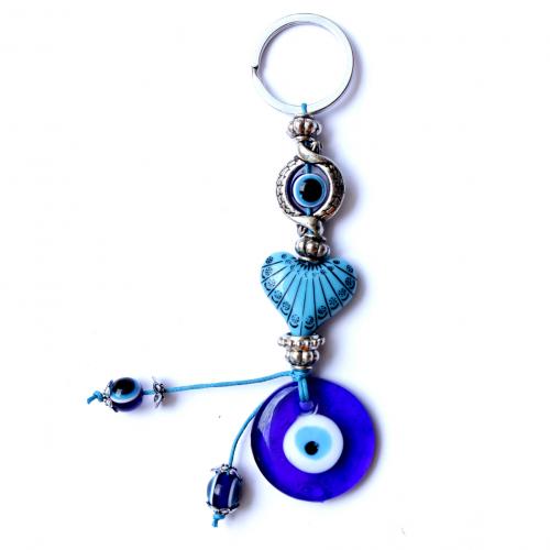 Turquie verre porte-clés, alliage de zinc, avec chalumeau & résine, Placage de couleur argentée, unisexe & motif de mauvais œil, bleu, 150mm, Vendu par PC