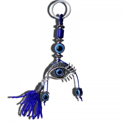 Turquie verre porte-clés, alliage de zinc, avec Seedbead & résine, Mauvais œil, Placage de couleur argentée, unisexe, bleu, 150mm, Vendu par PC