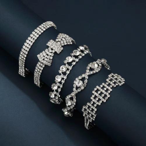 Rhinestone Brass Bracelets, with brass claw chain, silver color plated & for woman & with rhinestone cm 