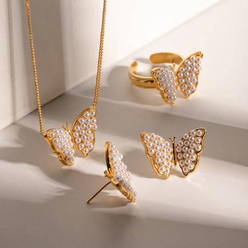 Fashion Stainless Steel Jewelry Sets, 304 Stainless Steel, with Plastic Pearl, Butterfly, plated, fashion jewelry golden 