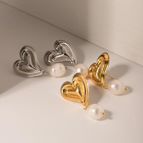 Boucle d'oreille goutte inox, Acier inoxydable 304, avec perle de plastique, coeur, Placage, bijoux de mode, doré Vendu par paire