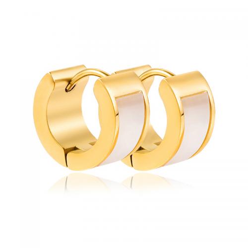 Stainless Steel Huggie Hoop Earring, 304 Stainless Steel, with White Shell, Vacuum Ion Plating, fashion jewelry & for woman, gold 