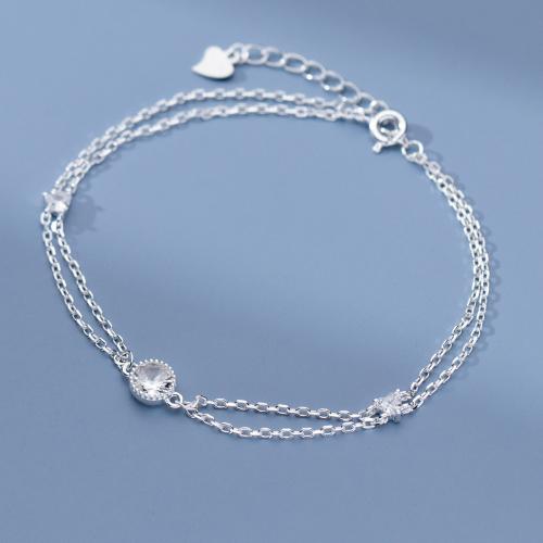 Cubic Zirconia Micro Pave Sterling Silver Bracelet, 925 Sterling Silver, with 3.5CM extender chain, plated, micro pave cubic zirconia & for woman, silver color Approx 17 cm 