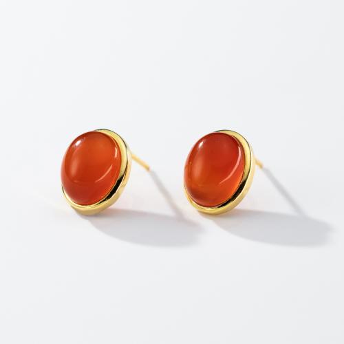 Sterling Silver Stud Earring, 925 Sterling Silver, with Red Agate, plated, for woman, golden, 12mm 