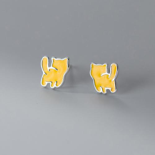 Sterling Silver Stud Earring, 925 Sterling Silver, Cat, plated, for woman & epoxy gel, silver color, 7mm 